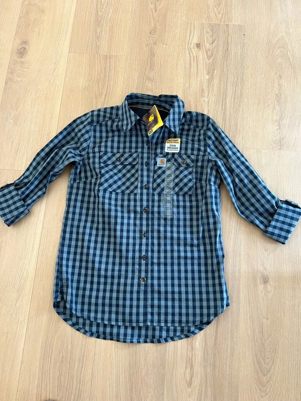 Carhartt Force Woman’s Navy and Grey Plaid Button-Down Shirt. Size XS New